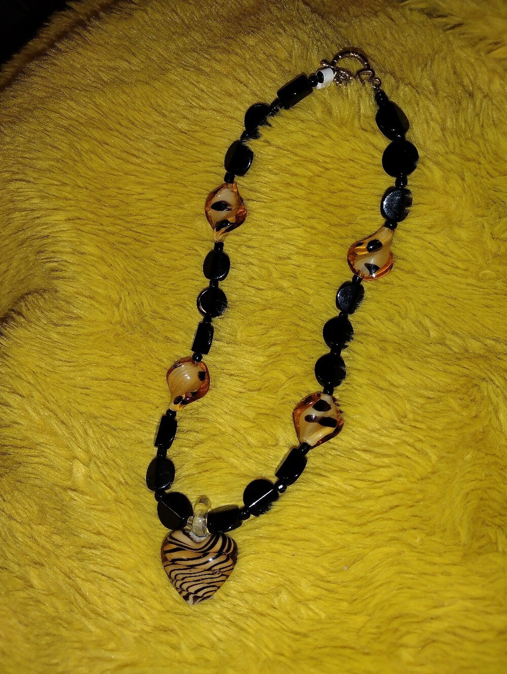 Handcrafted Black and Amber Glass Tiger Stripe Heart Pendant Necklace